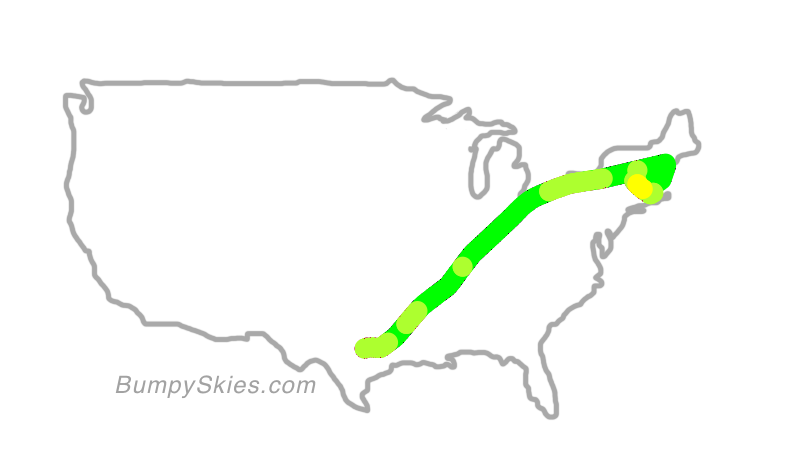 Map of continental US with illustrated flight path and turbulence forecast (described in text below)