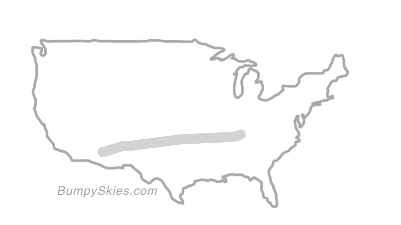 Map of continental US with illustrated flight path and turbulence forecast (described in text below)