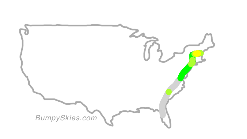 Map of continental US with illustrated flight path and turbulence forecast (described in text below)