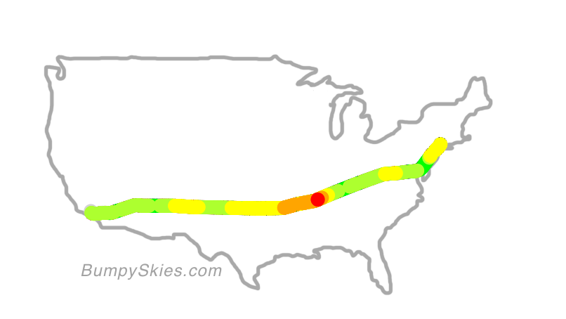 Map of continental US with illustrated flight path and turbulence forecast (described in text below)