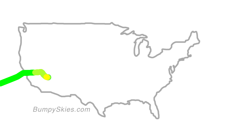 Map of continental US with illustrated flight path and turbulence forecast (described in text below)