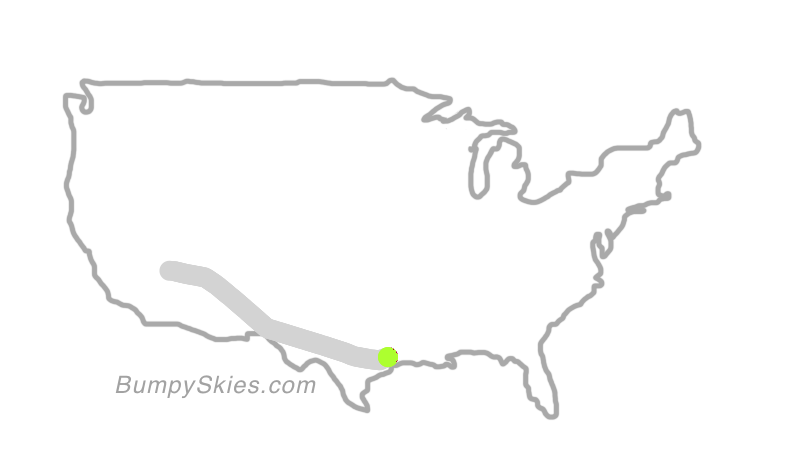 Map of continental US with illustrated flight path and turbulence forecast (described in text below)