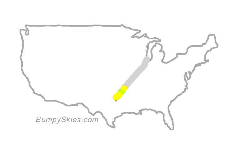 Map of continental US with illustrated flight path and turbulence forecast (described in text below)