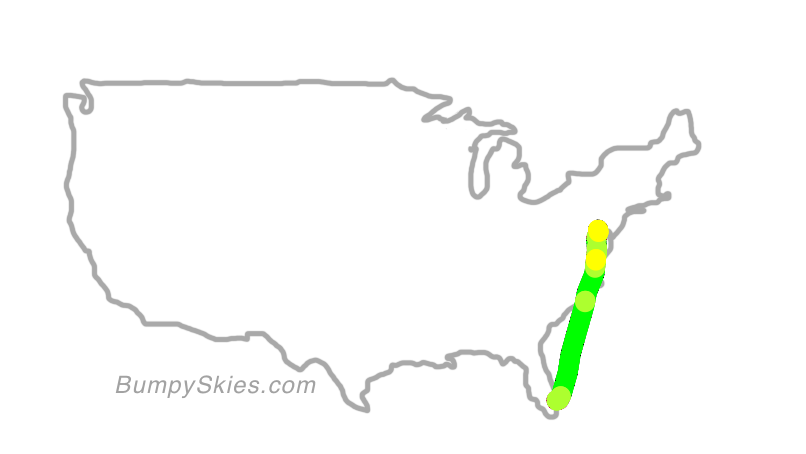 Map of continental US with illustrated flight path and turbulence forecast (described in text below)