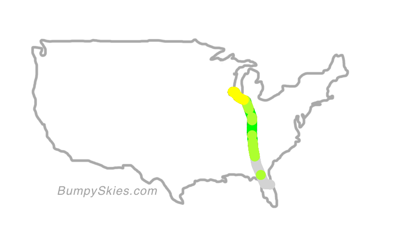 Map of continental US with illustrated flight path and turbulence forecast (described in text below)