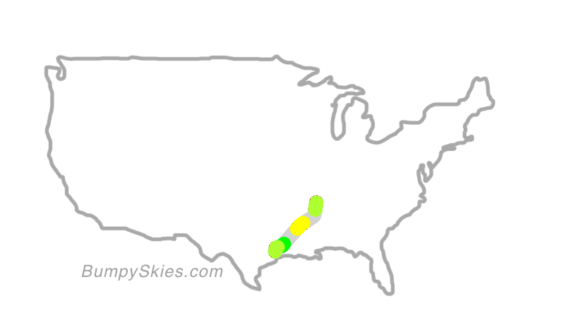 Map of continental US with illustrated flight path and turbulence forecast (described in text below)