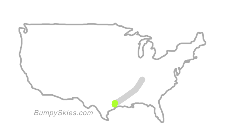 Map of continental US with illustrated flight path and turbulence forecast (described in text below)