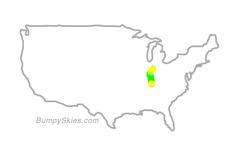 Map of continental US with illustrated flight path and turbulence forecast (described in text below)