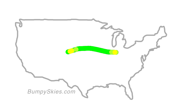 Map of continental US with illustrated flight path and turbulence forecast (described in text below)