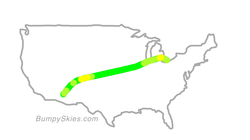 Map of continental US with illustrated flight path and turbulence forecast (described in text below)