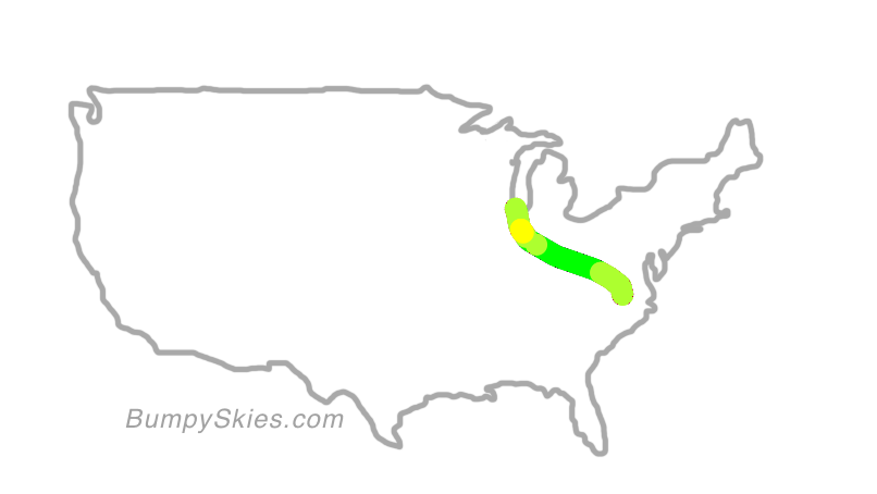 Map of continental US with illustrated flight path and turbulence forecast (described in text below)