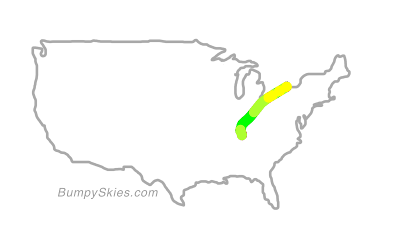 Map of continental US with illustrated flight path and turbulence forecast (described in text below)