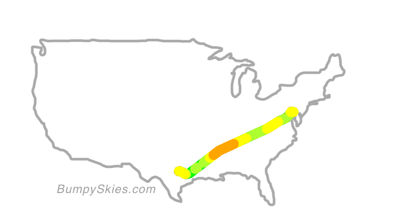 Map of continental US with illustrated flight path and turbulence forecast (described in text below)