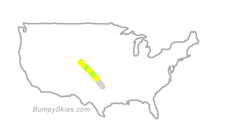Map of continental US with illustrated flight path and turbulence forecast (described in text below)