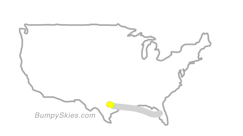 Map of continental US with illustrated flight path and turbulence forecast (described in text below)