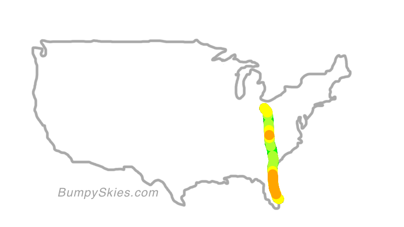 Map of continental US with illustrated flight path and turbulence forecast (described in text below)