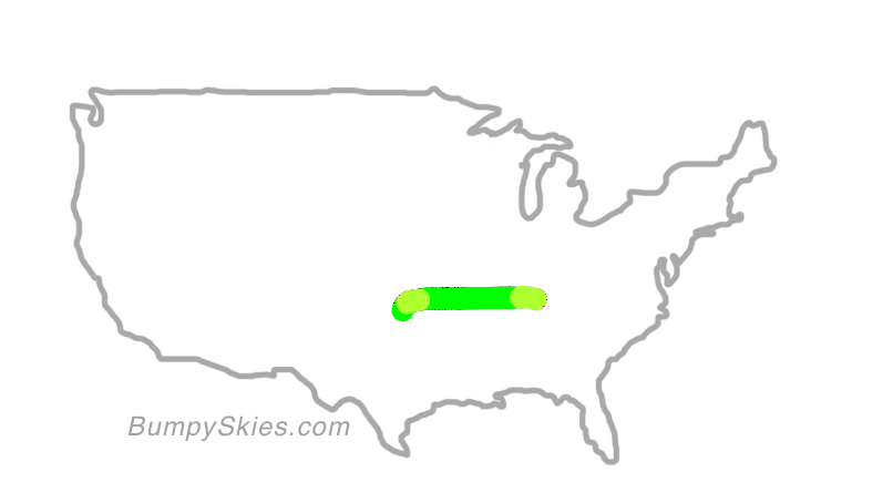 Map of continental US with illustrated flight path and turbulence forecast (described in text below)