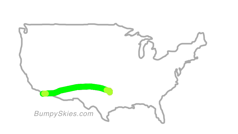 Map of continental US with illustrated flight path and turbulence forecast (described in text below)
