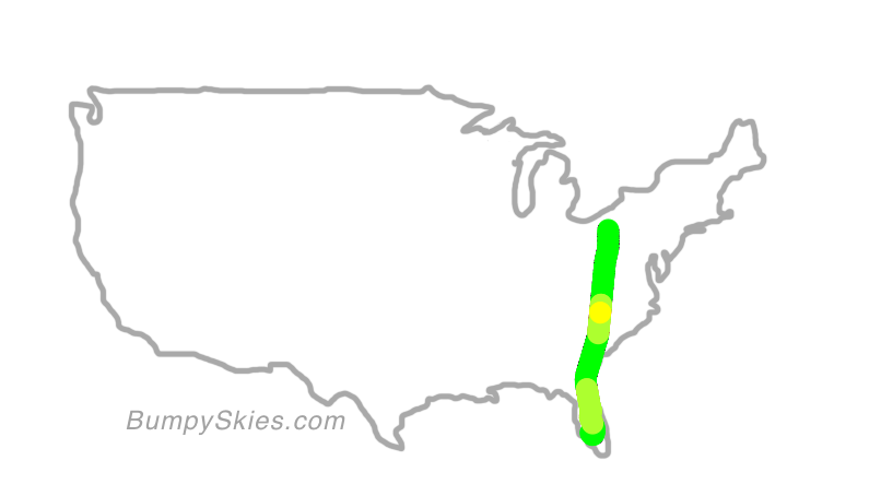 Map of continental US with illustrated flight path and turbulence forecast (described in text below)