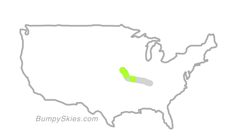 Map of continental US with illustrated flight path and turbulence forecast (described in text below)