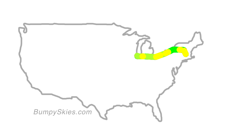 Map of continental US with illustrated flight path and turbulence forecast (described in text below)