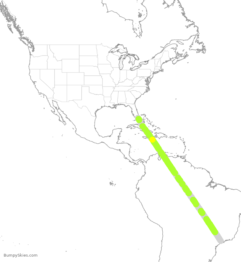 Turbulence forecast map for TAM8197, MIA to GRU