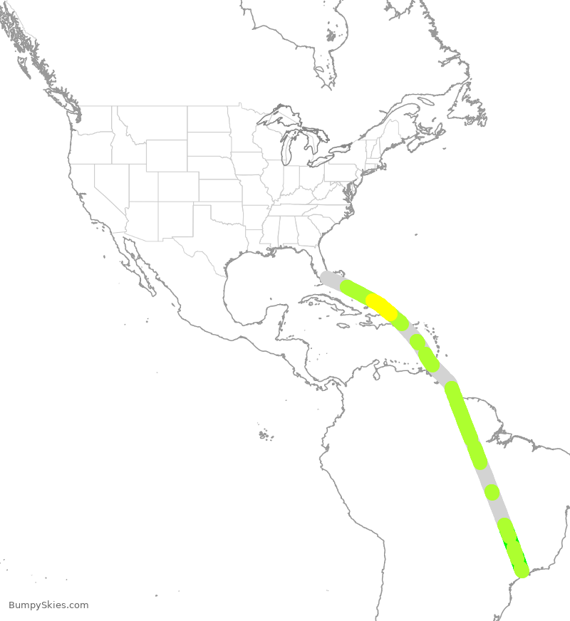 Turbulence forecast map for TAM8199, MIA to GRU