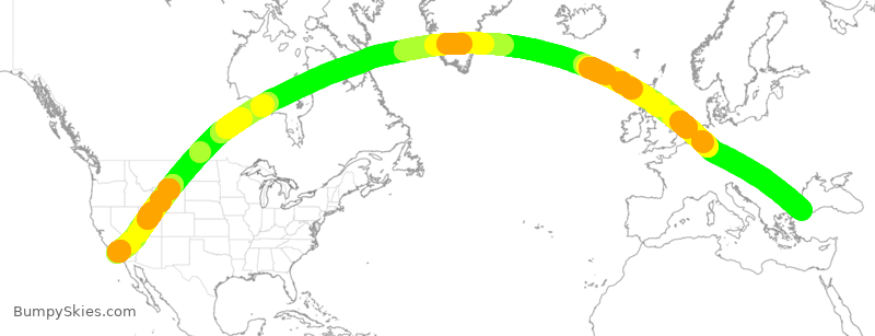 Turbulence forecast map for THY180, LAX to IST