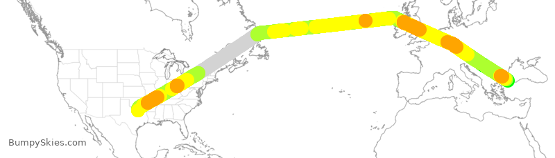 Turbulence forecast map for THY192, DFW to IST