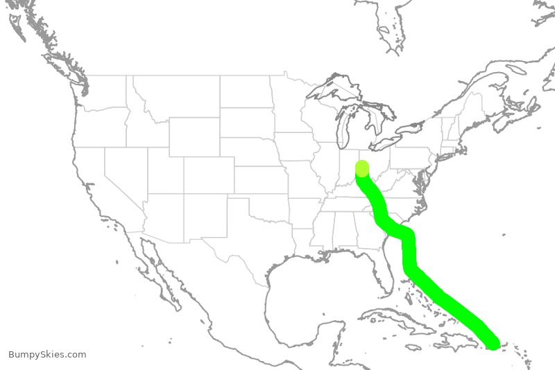 Turbulence forecast map for TWY290, SJU to DAY