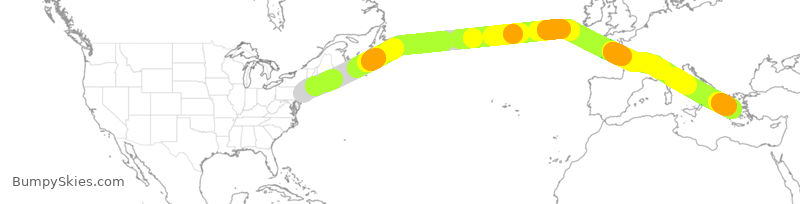 Turbulence forecast map for UAE36, EWR to ATH