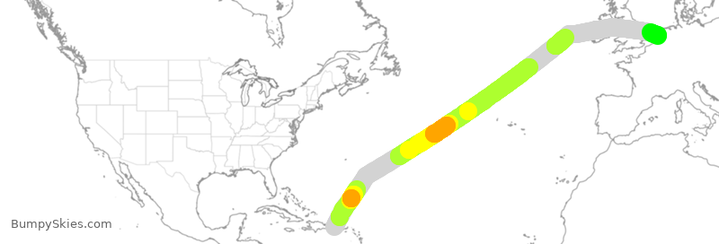 Turbulence forecast map for UAE37, BQN to AMS