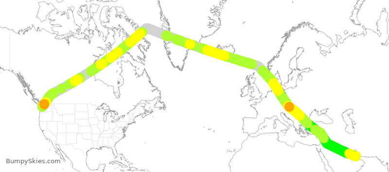 Turbulence forecast map for UAE93, SEA to DXB