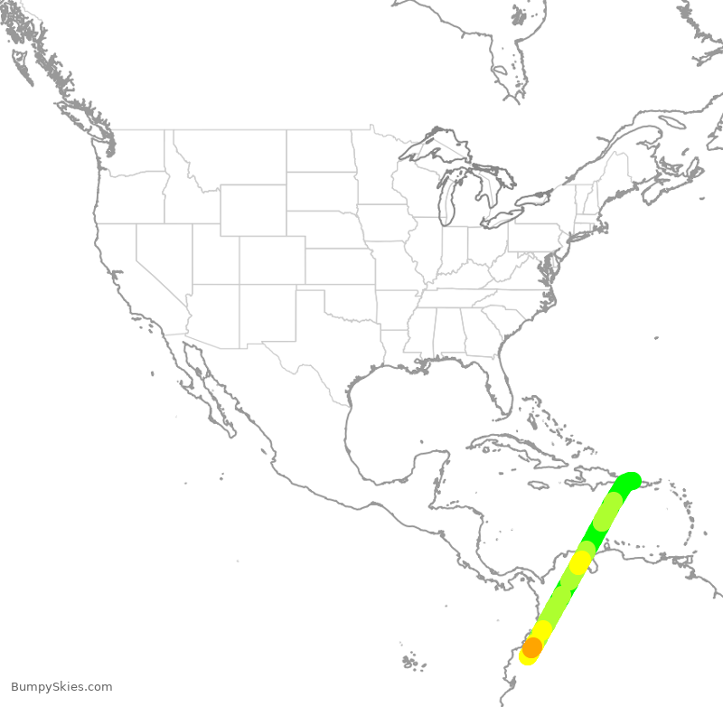 Turbulence forecast map for UAE9916, UIO to BQN