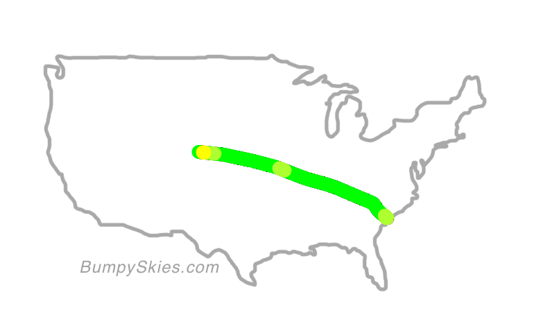 Map of continental US with illustrated flight path and turbulence forecast (described in text below)
