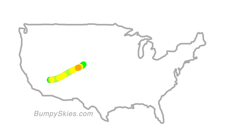Map of continental US with illustrated flight path and turbulence forecast (described in text below)