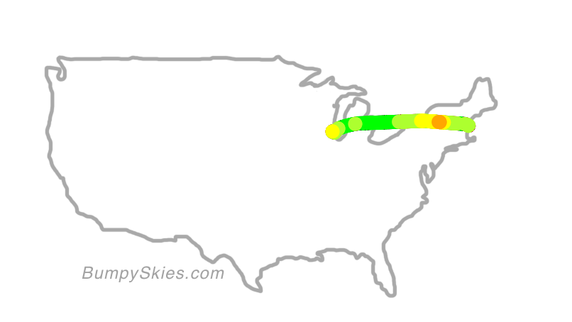 Map of continental US with illustrated flight path and turbulence forecast (described in text below)