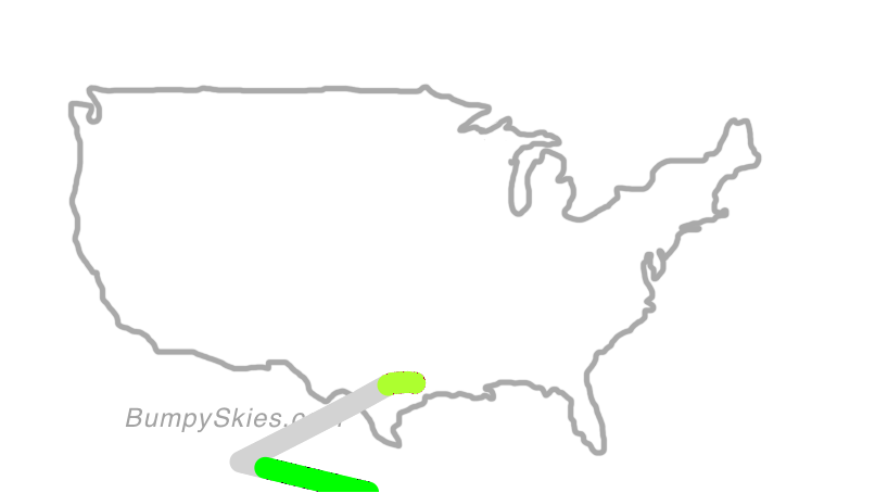 Map of continental US with illustrated flight path and turbulence forecast (described in text below)