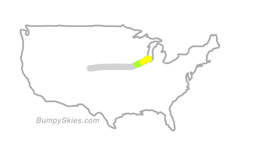 Map of continental US with illustrated flight path and turbulence forecast (described in text below)