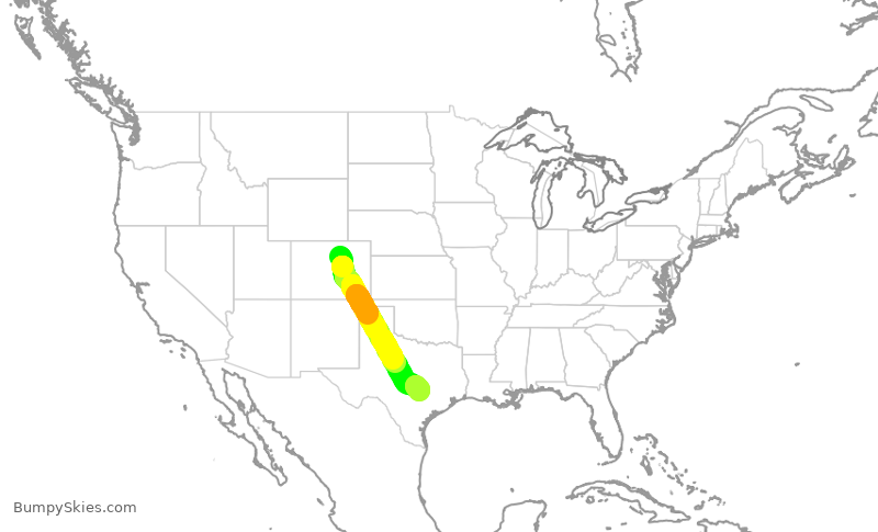 Turbulence forecast map for UAL1026, DEN to AUS
