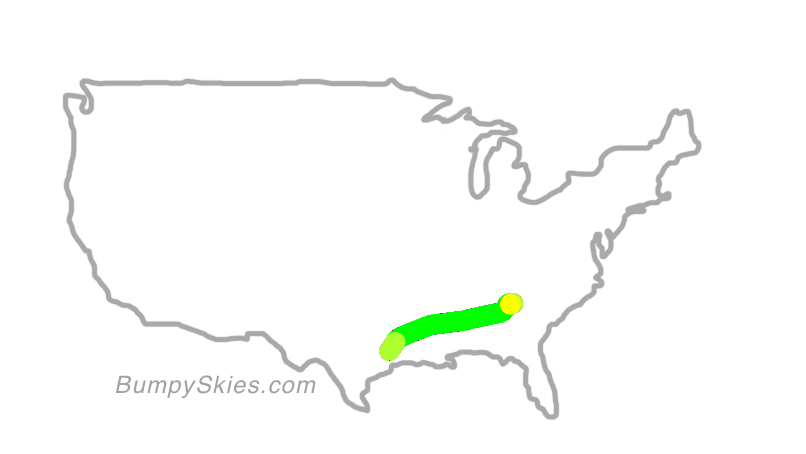 Map of continental US with illustrated flight path and turbulence forecast (described in text below)