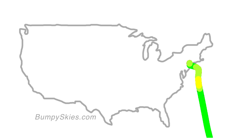 Map of continental US with illustrated flight path and turbulence forecast (described in text below)