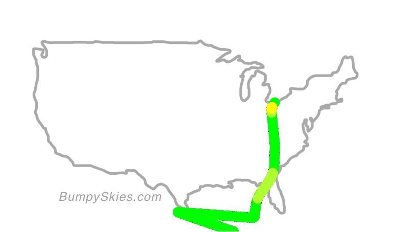 Map of continental US with illustrated flight path and turbulence forecast (described in text below)
