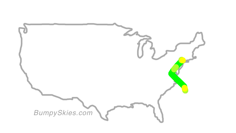Map of continental US with illustrated flight path and turbulence forecast (described in text below)