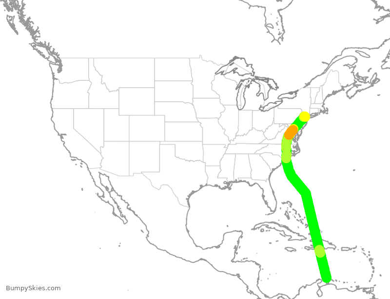Turbulence forecast map for UAL1043, AUA to EWR