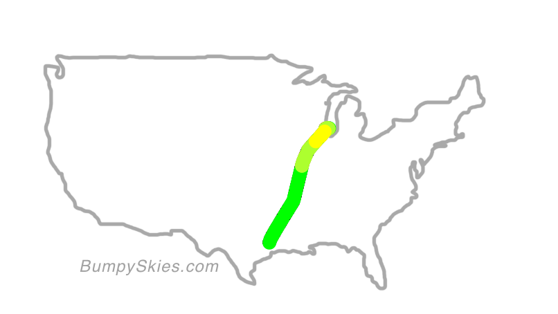 Map of continental US with illustrated flight path and turbulence forecast (described in text below)