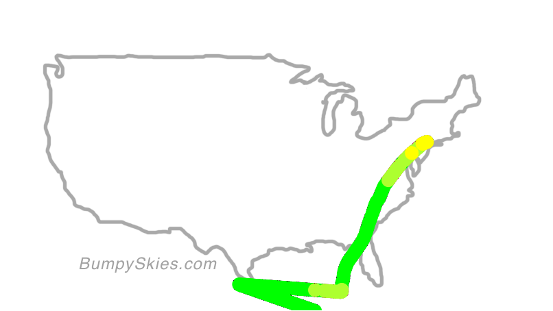 Map of continental US with illustrated flight path and turbulence forecast (described in text below)