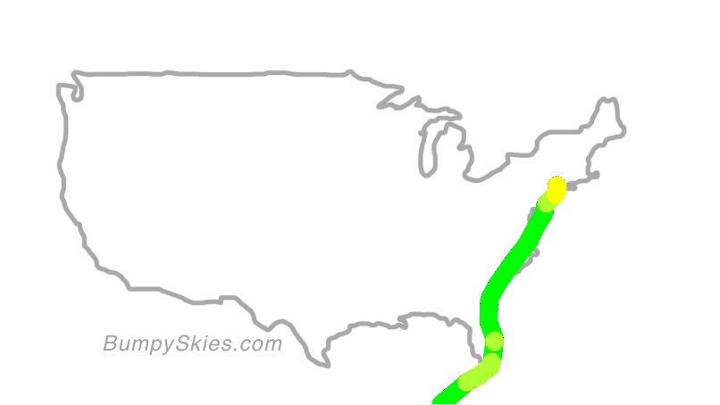 Map of continental US with illustrated flight path and turbulence forecast (described in text below)