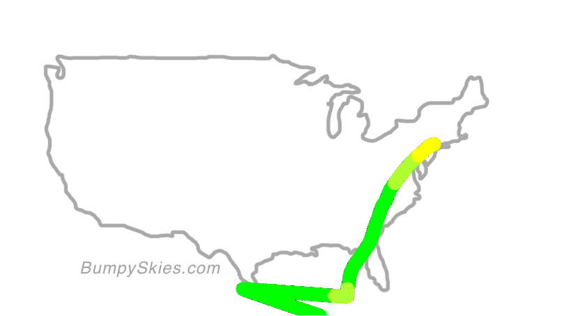 Map of continental US with illustrated flight path and turbulence forecast (described in text below)
