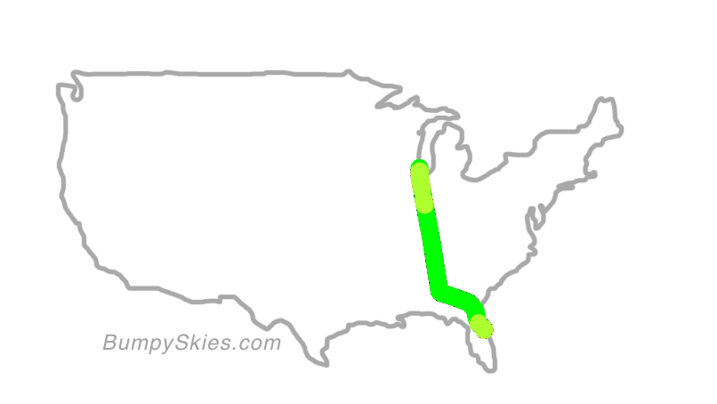 Map of continental US with illustrated flight path and turbulence forecast (described in text below)